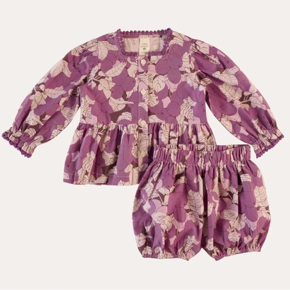 NWT  POM POM TOP & GATHERED BLOOMER SET, SUGAR PLUMS, ORGANIC COTTON Size 18-24